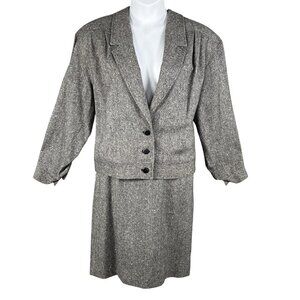 Pendleton Womens 16W Gray Tweed Wool Bomber Jacket Skirt Suit Set USA Old Money